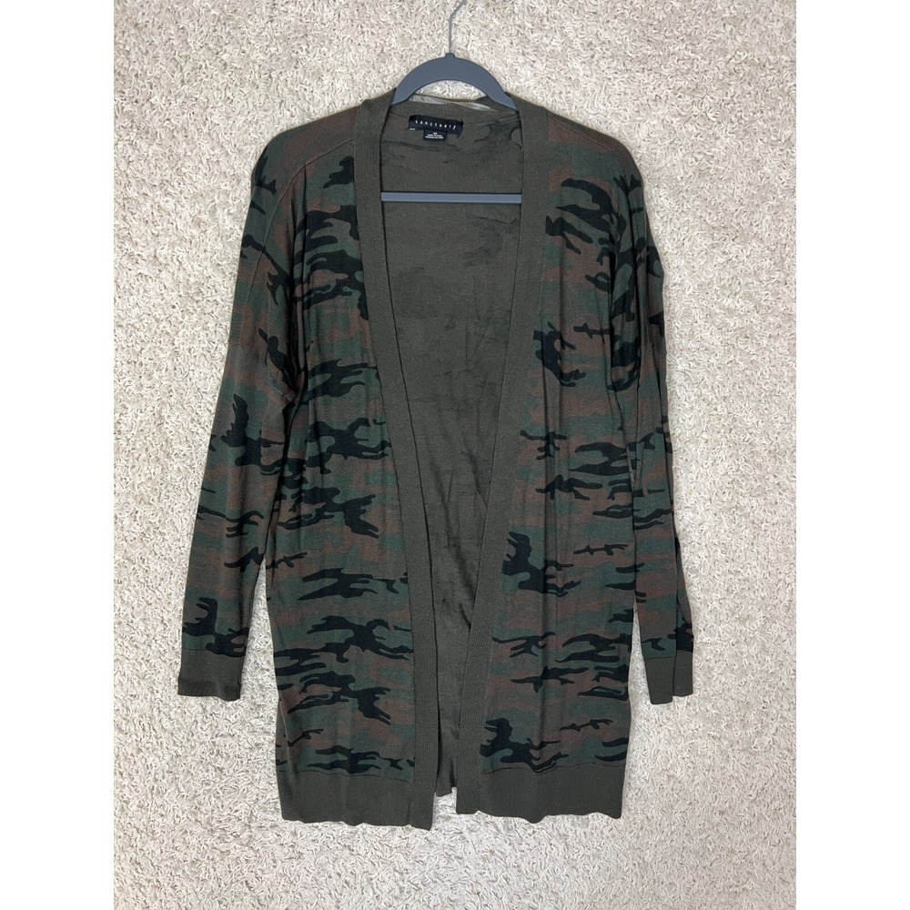 Sanctuary Cardigan Sweater Womens Size XS Camo Green Black Open Front Long Cozy